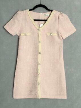 J.ING Tweed Dress Faux Button Front Pink Women's Size S/M NEW